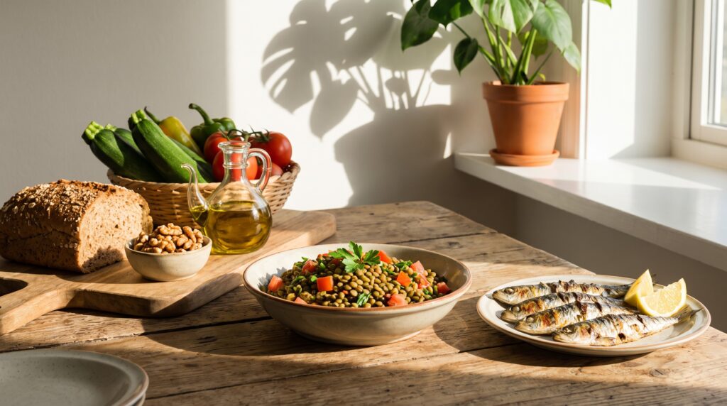 Table méditerranéenne avec lentilles, sardines, légumes frais et huile d'olive vierge extra