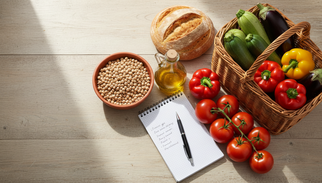 Panier de courses de légumes de saison, pois chiches et huile d'olive pour un budget courses familial