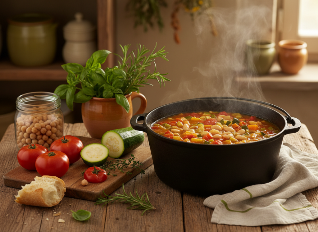 Restes de légumes, tomates molles et pain dur transformés en soupe méditerranéenne, cuisine anti-gaspi