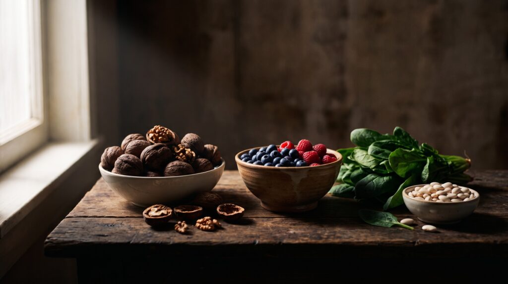 Noix, fruits rouges, épinards et haricots, aliments du régime méditerranéen pour la mémoire
