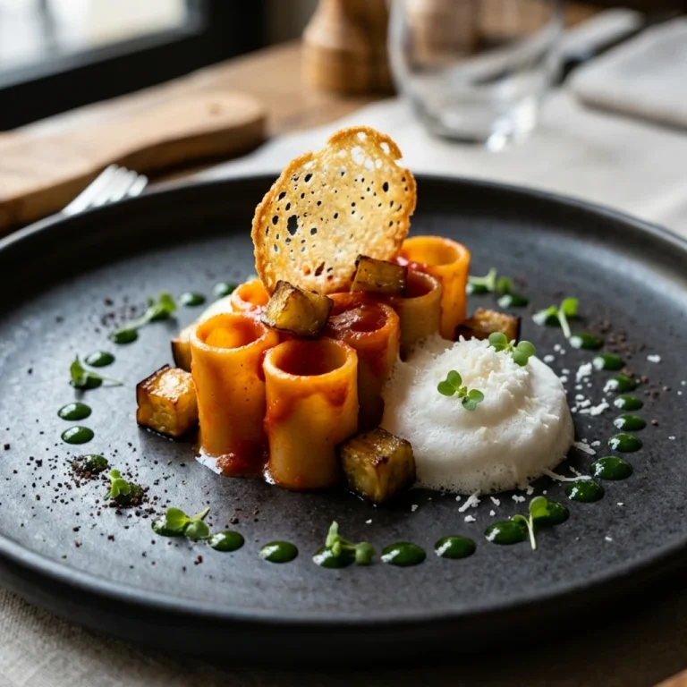 Paccheri sauce tomate avec aubergine rôtie, écume de ricotta et tuile croustillante