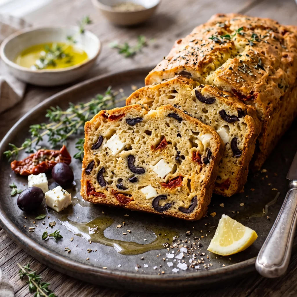 Cake salé aux olives noires, tomates séchées et feta, tranché sur un plat avec thym, citron et huile d'olive
