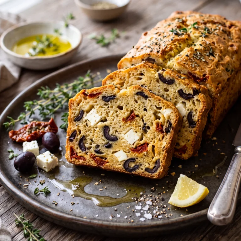 Cake salé aux olives noires, tomates séchées et feta, tranché sur un plat avec thym, citron et huile d'olive
