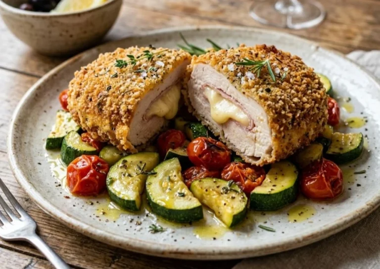 Cordon bleu de poulet à l'ossau-iraty coupé en deux, fromage fondant, croûte dorée au thym, courgettes et tomates cerises rôties sur une assiette beige