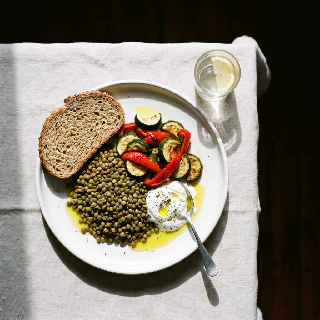 Assiette de lentilles, légumes rôtis et pain complet, repas riche en fibres du régime méditerranéen