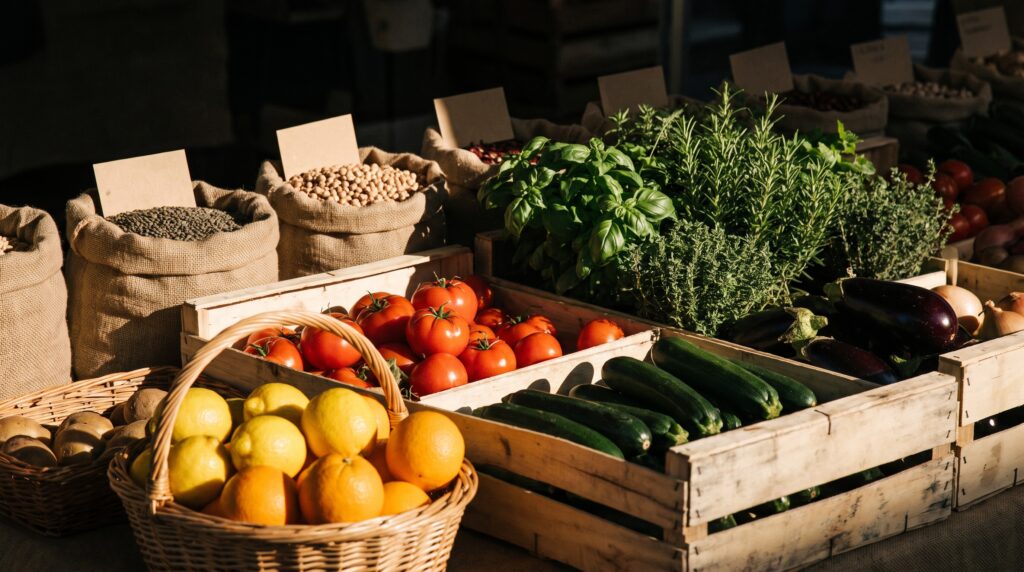 Étal de marché avec légumes de saison, légumineuses et fruits, base du régime méditerranéen