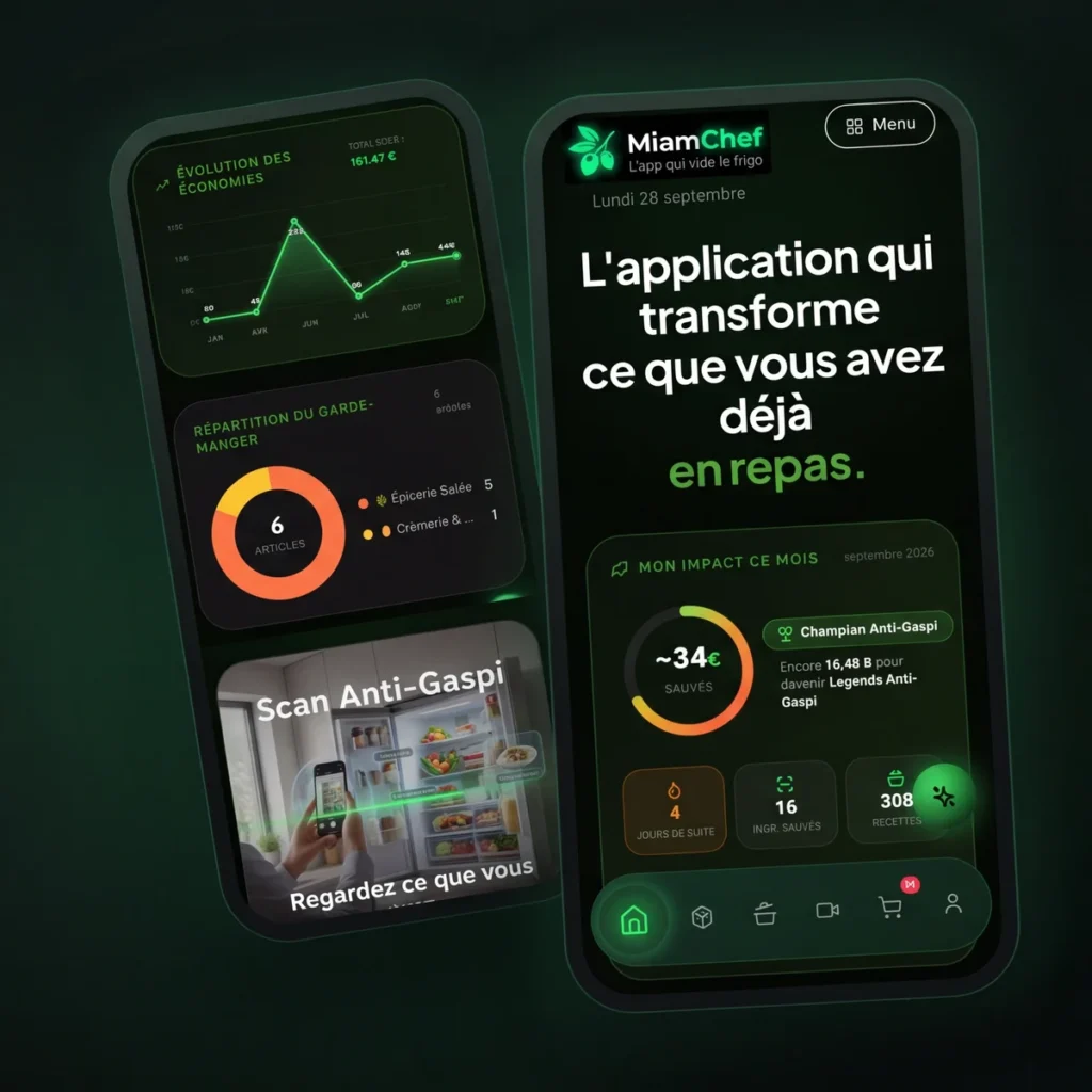 Application MiamChef : deux écrans de smartphone avec le garde-manger, le compteur d'économies et le scan anti-gaspi