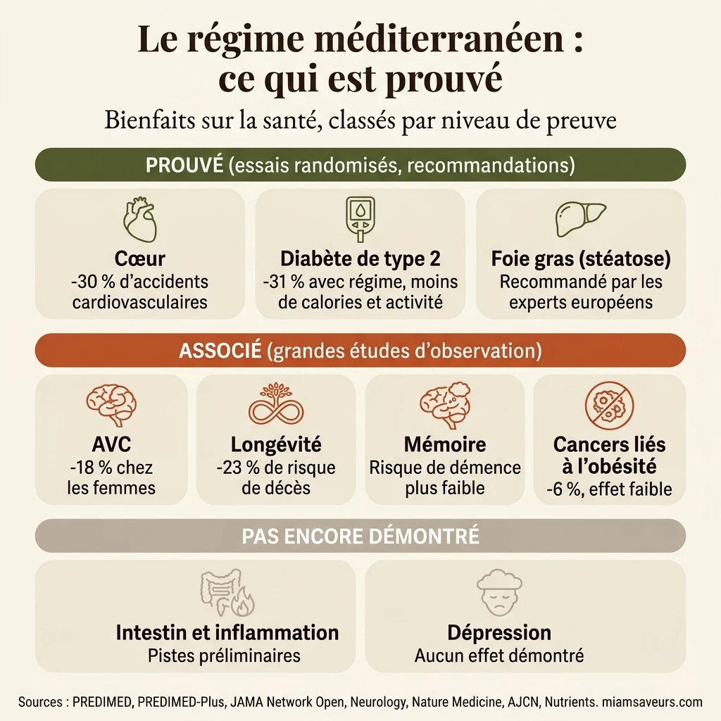 Infographie : ce qui est prouvé, associé ou non démontré sur les bienfaits du régime méditerranéen sur la santé