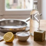 Casseroles et poêles en inox propres et brillantes, entretenues avec des produits simples du placard
