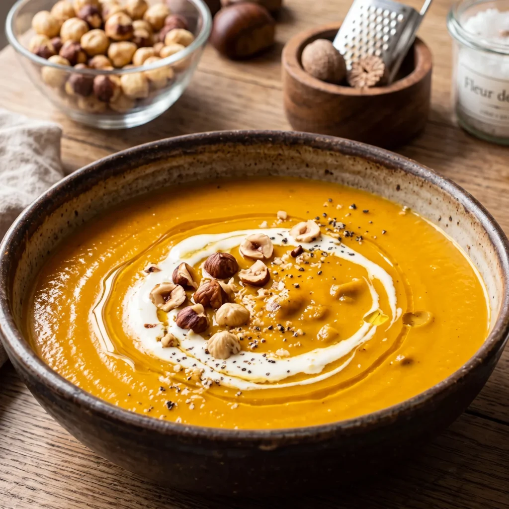 Velouté de potimarron orange dans un bol en grès, tourbillon de crème d'Isigny, filet d'huile de noisette, noisettes torréfiées entières et concassées, poivre